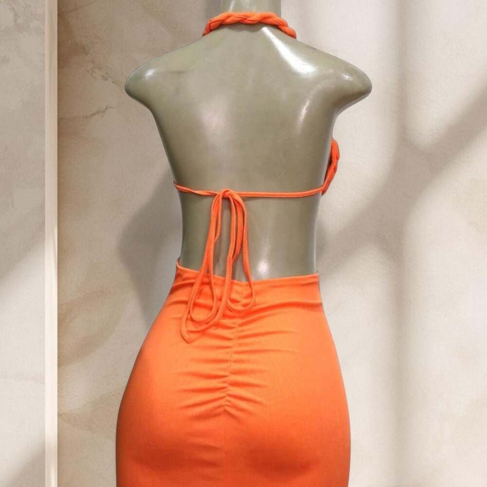 Orange Cutout Maxi Dress – Halter Neck Braided Detail Bodycon w/ High Slit Sexy - Picture 4 of 4